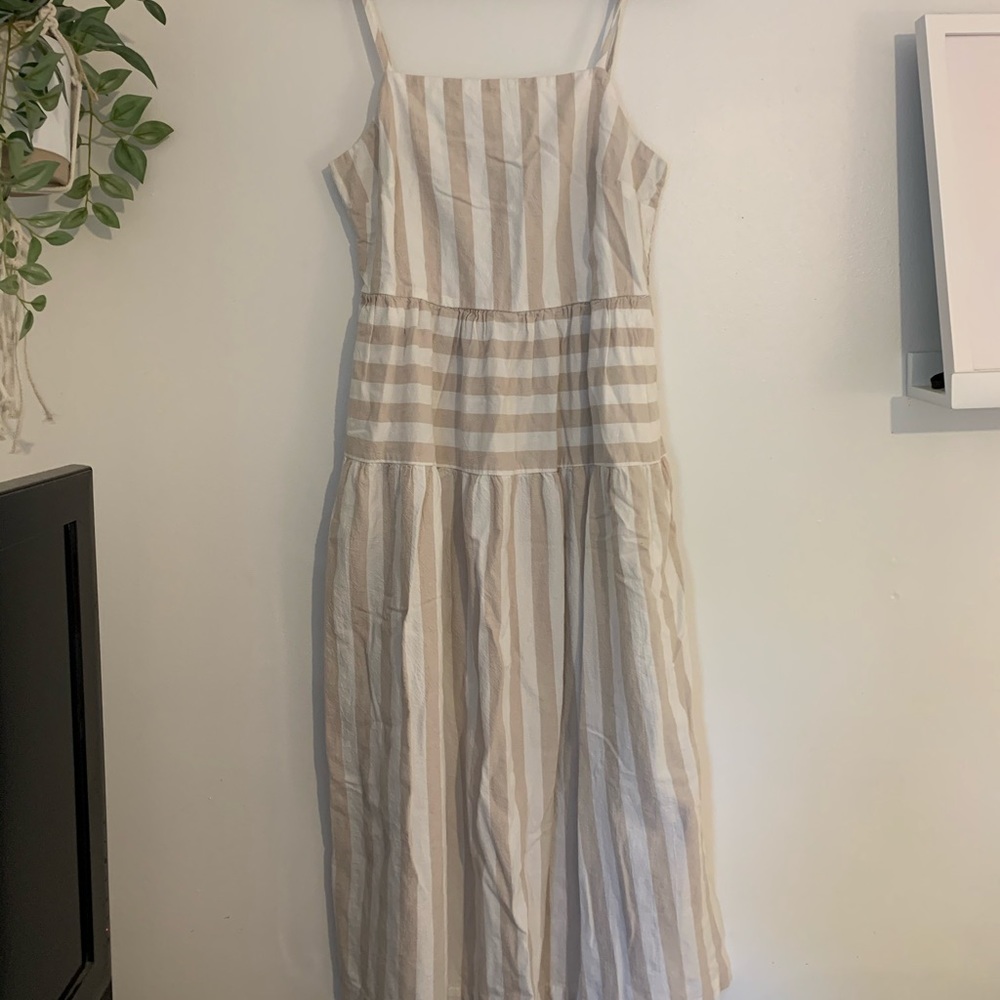 White & tan striped linen dress